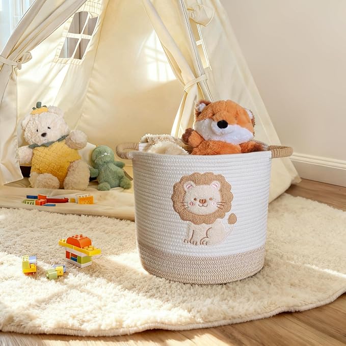 Toy Storage Basket(12"x12"), blanket basket, Cotton Rope Woven Laundry Hamper with Cute Embroidered Dinosaur for Nursery, Living Room, Laundry (Lion)