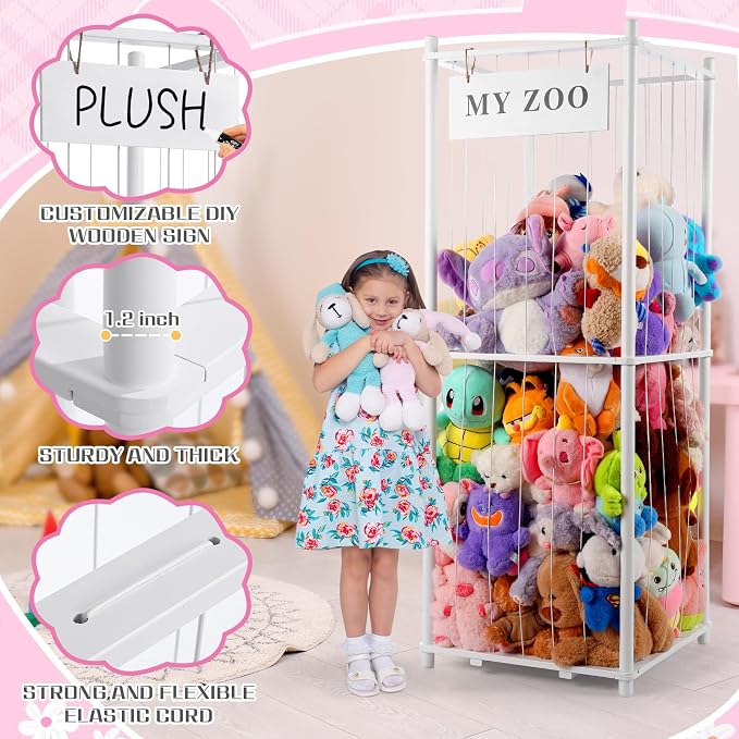 GLDZI Stuffed Animal Storage Zoo, Wooden Stuffed Animal Organizer with Elastic Cords for Boys Girls, Space Saving Toy Plushies Storage Holder for Playroom, Bedroom, Living Room (White, Large)