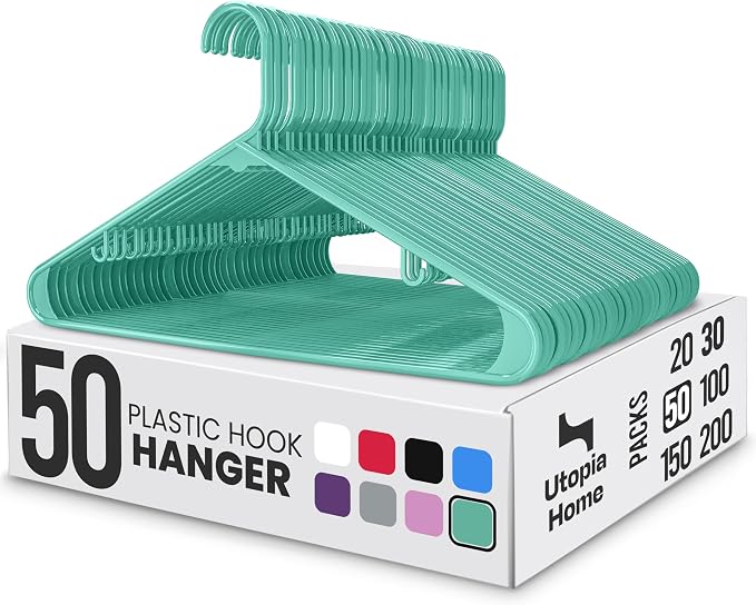 Utopia Home Plastic Hangers 50 Pack – Built-in Strap Hooks Aqua | Space saving | Durable & strong | Closet organizer | Clothes hangers | Ideal for shirts, pants, skirts & coats