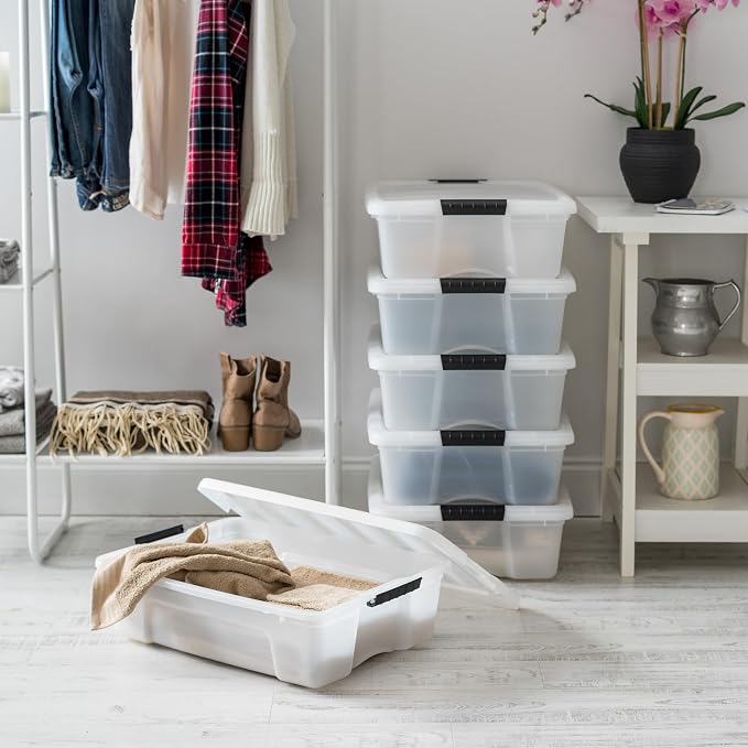 IRIS USA 27 Qt Stackable Plastic Storage Bins with Lids, 6 Pack - BPA-Free, Made in USA - Discreet Organizing Solution, Latches, Durable Nestable Containers, Secure Pull Handle - Pearl