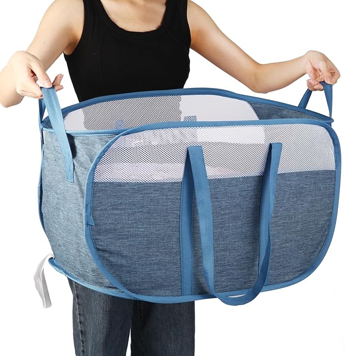 Collapsible Laundry Baskets, Tear Proof Pop Up Laundry Hamper with Dual Handles, Durable Foldable Laundry Basket, Easy to Carry Laundry Hamper for Home, Laundry Room, Bedroom, Dorm, Travel Blue
