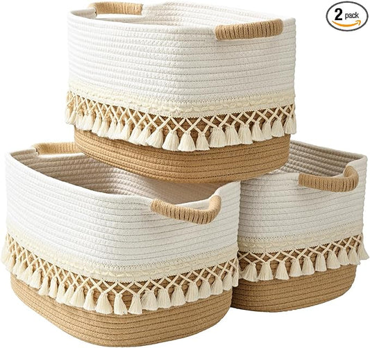 2 Pack Storage Basket for Shelves, Boho Cotton Rope Storage Bins with Heavy Tassel, Shelf Baskets Large Woven Baskets for Organizing, Cube Organizer Bins, Baby Laundry Basket for Clothes, Toys, Pets