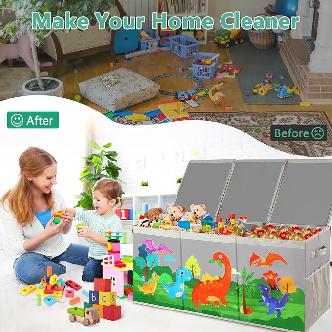 Extra Large Toy Box Chest with Lids Collapsible Storage Organizer for Kids | Dinosaur Toy Bin Box for Toddlers Boys Girls, Organizer for Living Room Nursery Playroom Bedroom Home Grey