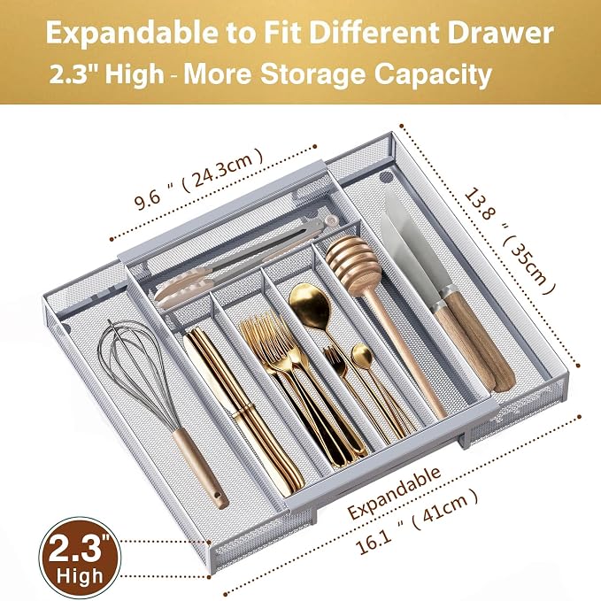 Sedegn Silverware Organizer Metal Mesh, Drawer Organizer, Utensil Cutlery Tray Expandable Flatware Organizer with 7 Compartment Silver 9.6"~16.1" x 13.8"
