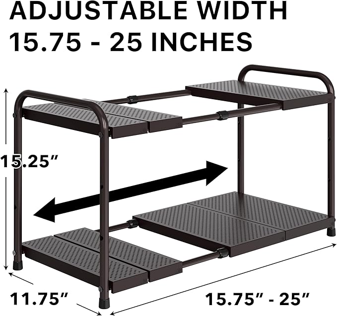 Simple Houseware Under Sink 2-Tier Heavy Duty Expandable Rack Organizer, Adjustable Width 15.75–25 Inches with 4 Shelf Height Levels, Bronze