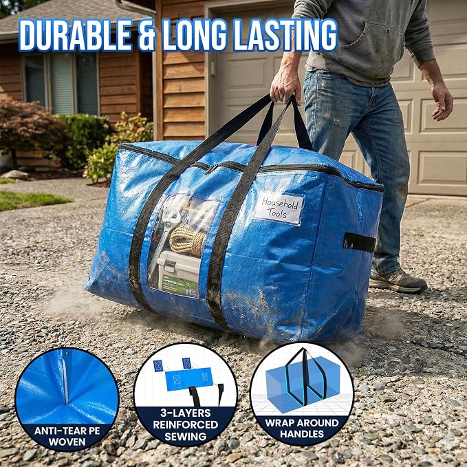 TAILI Extra Large Moving Bags, 10 Pack Blue Heavy Duty Totes For Storage with Visible Window, Wrap Around Handles, Storage Bags for Space Saving, Alternative to Moving Boxes