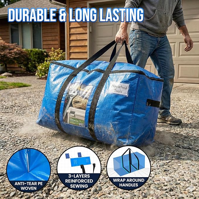 TAILI Extra Large Moving Bags, 4 Pack Blue Heavy Duty Totes For Storage with Visible Window, Wrap Around Handles, Storage Bags for Space Saving, Alternative to Moving Boxes