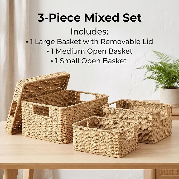 Wicker Storage Basket with Lid - Woven Basket for Storage,Rectangular Decorative Boxes Bins with Lids for Shelves,living room, Nursery, 3 baskets+1 lids(Natural)