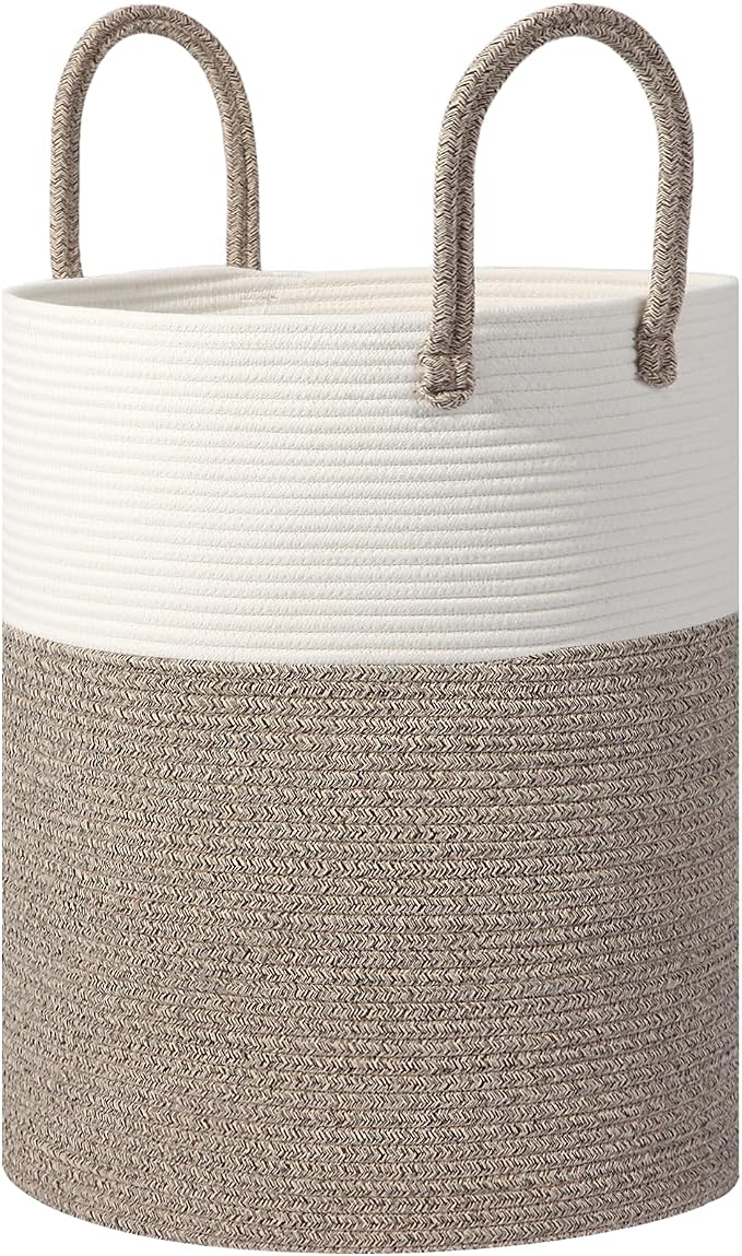 Large Woven Laundry Basket Hamper,100L Cotton Rope Storage Bin for Blankets,Toys and Clothes，Decorative Tall Blanket Basket for Living Room,Baby Nursery Hamper,Baby Storage Basket,Brown/White