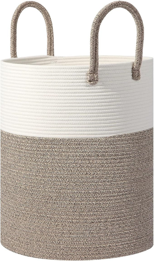 Large Woven Laundry Basket Hamper,100L Cotton Rope Storage Bin for Blankets,Toys and Clothes，Decorative Tall Blanket Basket for Living Room,Baby Nursery Hamper,Baby Storage Basket,Brown/White