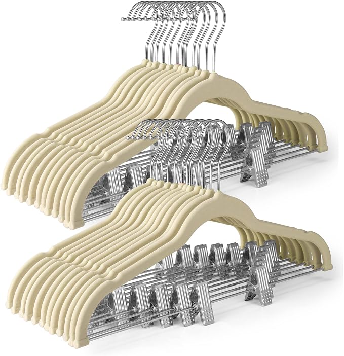 HOUSE DAY Velvet Skirt Hangers 36 Pack, Beige Hangers with Adjustable Clips | Space Saving Slim Felt Pant Hanger, Heavy Duty Shorts Hanger, Non Slip Clip Hangars for Pants, Skirts, Shorts, Outfit