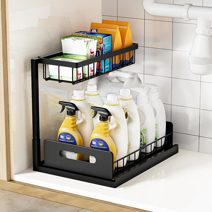 Under Kitchen Sink Organizer 2 Tier, Pull Out Bathroom Sink Organizers and Storage, Cabinet Kitchen Bathroom Storage Organization Shelf, 1 Pack Black