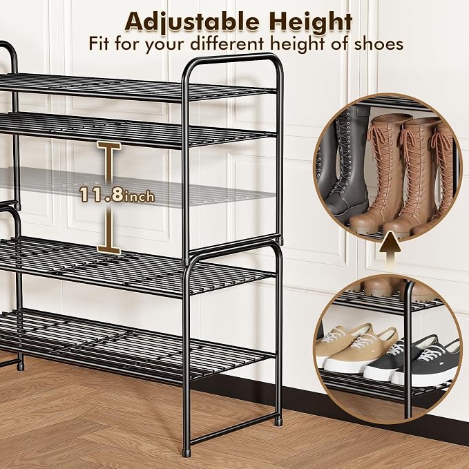 2 Pack Shoe Rack, 2-Tier Metal Stackable Shoe Shelf Storage Organizer, Heavy Duty Wire Shoe Stand for Entryway, Closet, Hallway, Holds 50 LBS, Black