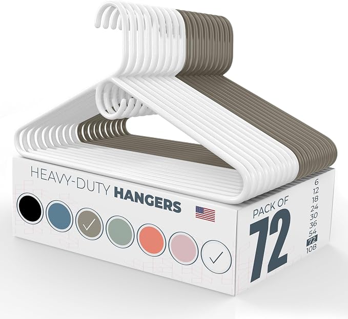 Heavy Duty Clothes Hangers 50+ Pack (72 Count) – Made in the USA – 8lb Capacity Plastic Hangers for Adult Clothing – Durable for Pants, Coats, Jackets, or Jeans – White & Gray