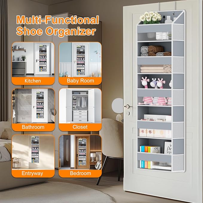 Over The Door Organizer - Over Door Storage Organizer with 5 Large Pockets & 10 Mesh Side Compartments - Heavy-Duty Hanging Storage for Bathroom, Bedroom & Closet - Baby Room Organize - Grey