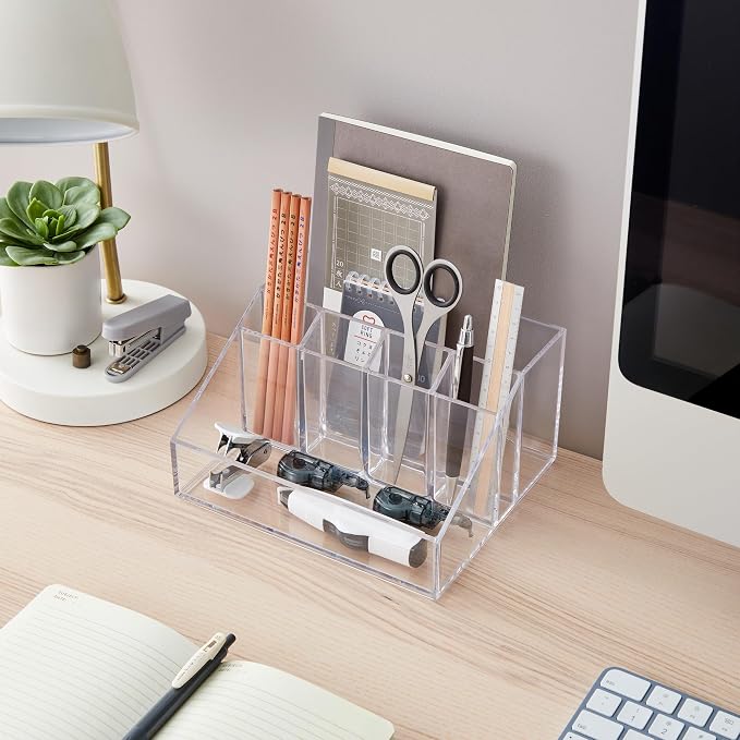 STORi Stackable Desk Organizer, Clear Pen Pencil Makeup Brush Holder for Desktops and Vanities, 6 Compartment Caddy (Made in USA)