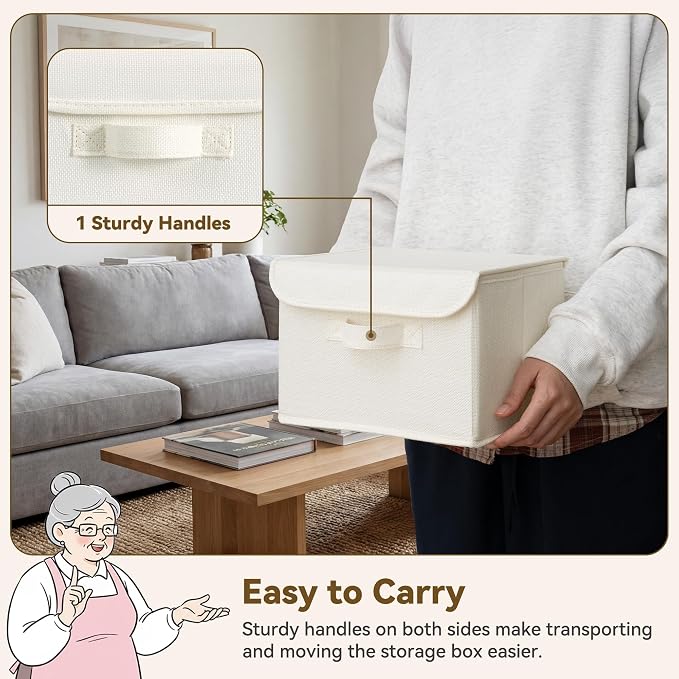 GRANNY SAYS Small Storage Bins with Lids, Small Storage Boxes, Shelf Baskets for Shelf, Collapsible Storage Bins for Living Room, Bedroom, 10x8x7 Inch, Ivory White, 2-Pack