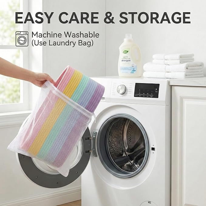 JMvicyroam 65L Extra Large Blanket Basket for Living Room - Woven Cotton Rope Laundry Hamper with Reinforced Handles - Storage Bin for Pillows, Comforters & Toys - Machine Washable,Rainbow