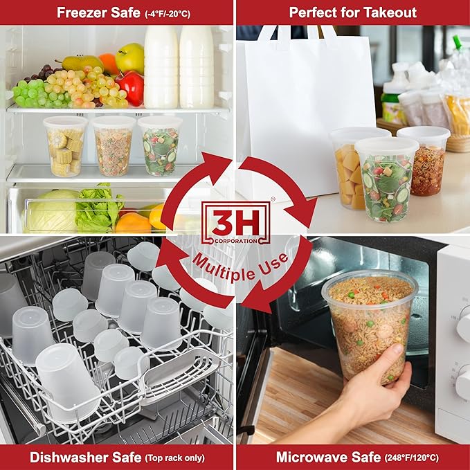 32 oz Food Storage Containers with Lids (240 Set/480 Piece) Deli Soup Containers, Freezer Microwave Safe, BPA-Free Plastic, Stackable Snack Leakproof Leftover Organizers & To-Go