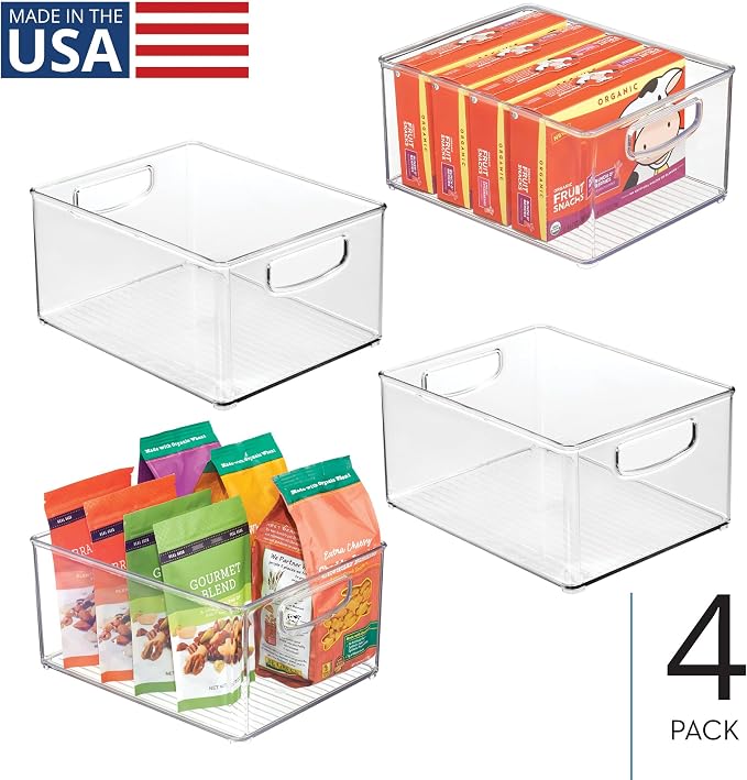 iDesign Stackable Storage Bin with Handles, Set of 4, Clear | Organize Pantry, Fridge, or Freezer, Made in USA