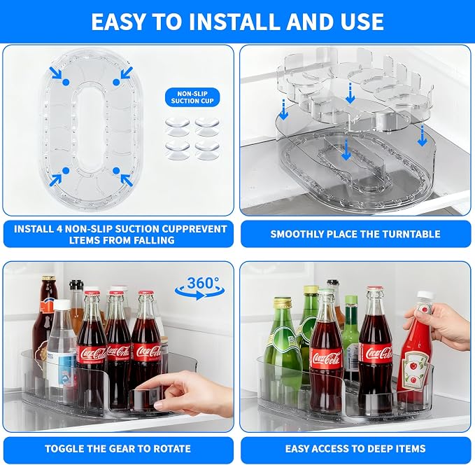Drink Organizer for Fridge - 360° Rotating Lazy Susan for Refrigerator, 13.5''x8.5'' Clear Lazy Susan Turntable for Refrigerator Organizers and Storage, Kitchen, Table Top, Cabinet, Pantry, 1 Pack