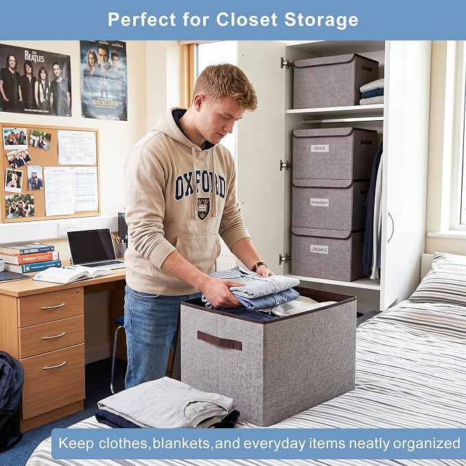 Bagnizer Large 17" 42 Quarts Collapsible Stackable Storage Bins with Lids [3-Pack] Foldable Fabric Linen Storage Boxes Cube, Closet Organizer Baskets with Label for Home (16.7 x 12 x 12, Gray)