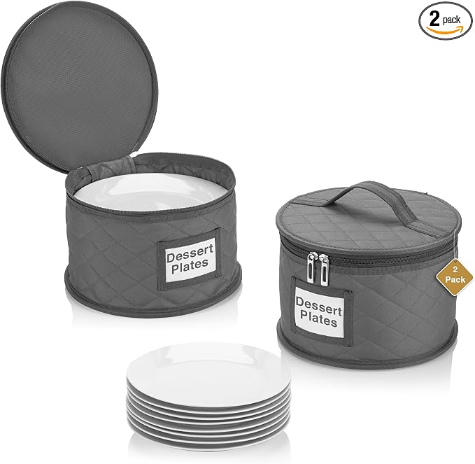 2 Pack 8" Bowl and Dessert Plate Storage Cases - China Storage Container - Stackable With Padded Interior to Store and Transport Your Fine China Dinnerware Dishes - 24 Felt Pads Included - Gray