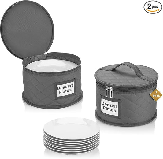 2 Pack 8" Bowl and Dessert Plate Storage Cases - China Storage Container - Stackable With Padded Interior to Store and Transport Your Fine China Dinnerware Dishes - 24 Felt Pads Included - Gray