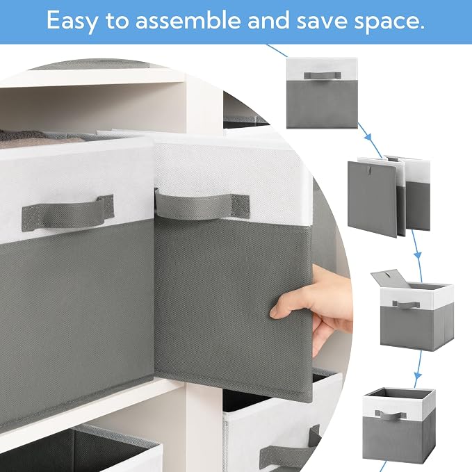 Cupic Cupid 11 Inch Storage Cube, Fabric Cube Storage Bin with Handles, Storage Cube Organizer for Clothes and Toys, Collapsible Cube Bins for Closet, Shelves, Nursery, 6-Pack, Gray and White