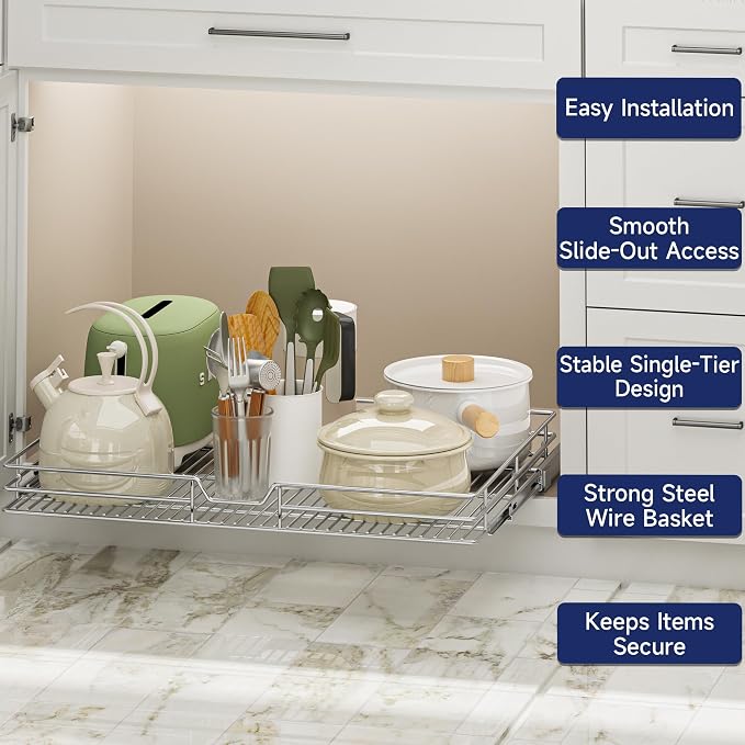 Pull Out Cabinet Organizer, 30" W x 21.5" D, Heavy Duty Chrome Slide Out Shelf for Wide Base Cabinets, Sliding Wire Basket Drawer for Pots, Pans, Appliances & Pantry Storage