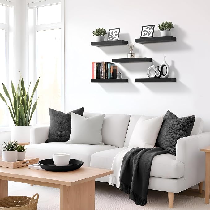 Sorbus Floating Shelves for Wall – 16 Inch Floating Shelf for Kitchen, Bedroom, Living Room, Bathroom, Home & Wall Decor - Mounted Bathroom Shelves with Invisible Brackets (Black, 5 Pack)