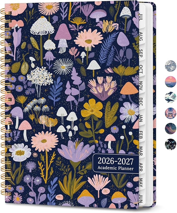 Planner 2026-2027, Hardcover Monthly and Weekly Academic Planner July 2026 - June 2027, Teacher and Student Calendar Agenda Book with Tabs, A4 (8.5" x 11"), Ideal for School and Office, Mushroom Garden