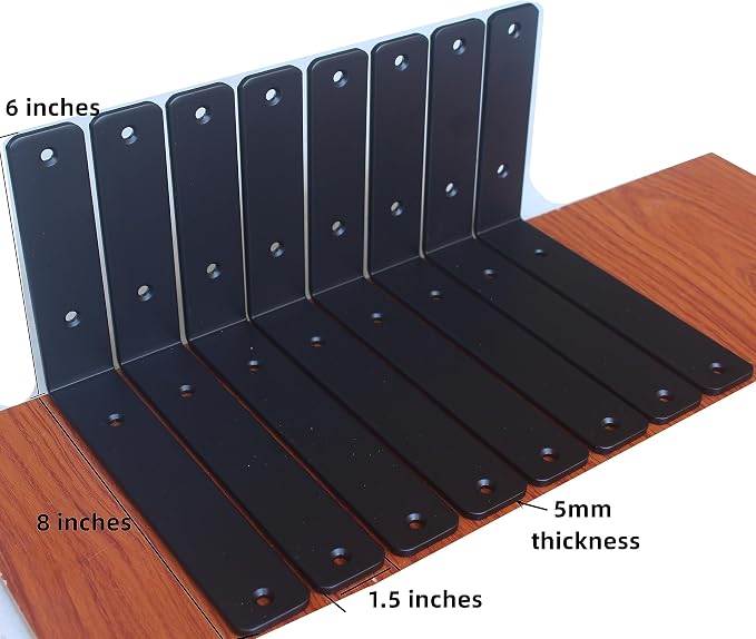 24 Pack - L 8" x H 6" x W1.5, 5mm Thick Black L Shelf Bracket, Iron Shelf Brackets, Metal Shelf Brackets, Floating Shelf, Shelf Supports with Screws