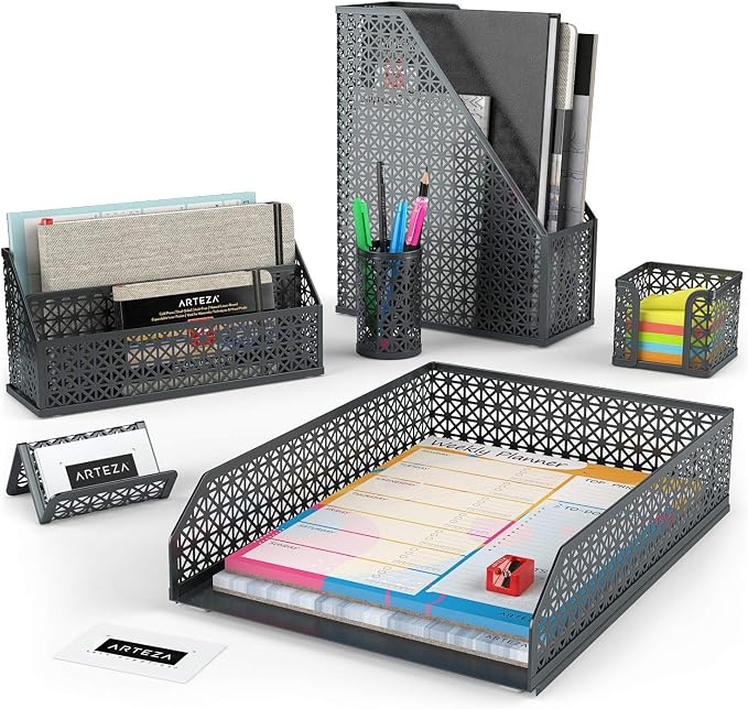 ARTEZA Desk Organizer Set, 6-Piece Dark Gray, Includes Pencil Cup, Letter Sorter, Tray, Magazine Holder, Name Card & Sticky Note Holder