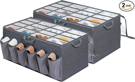 Extra Large Fabric Shoe Organizer for Closet, Fits up to 28 Pairs, Foldable Shoe Storage Bin Containers with Adjustable Dividers and Clear Cover, Grey, 2 Pack