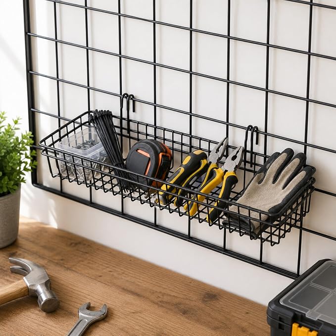 ANZOME Grid Wall Baskets, 2 Pack Black Hanging Wire Basket Shelves for Kitchen Pantry Wall Storage, Metal Mesh Organizer with Hooks for Fruits, Spices, Plants and Small Supplies