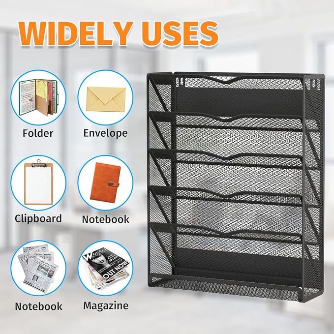 6-Tier Magnetic File Holder, No Drilling Magnetic File Organizer Folder Holder, Black Hanging Magnetic Paper Holder for Refrigerator, Whiteboard, File Cabinets, Office, Kitchen (Black, 6-Tier)