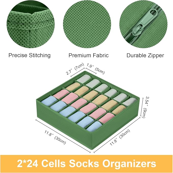 Joyoldelf Sock Drawer Organizer Divider 2 Packs Underwear Organizer, 24 Cell Closet Organizers and Storage Organizer Sock Holders Organizers for Storing Socks, Handkerchiefs, Ties, Belts (Green)