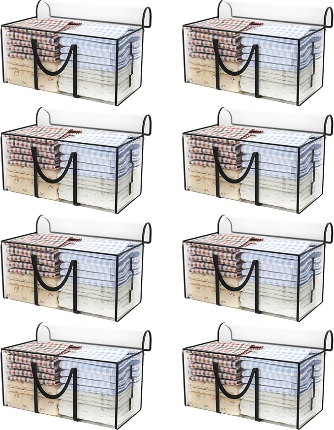 CONGREGATE 8 Pack Heavy Duty Semi-Transparent Extra Large Moving Bags, 97L/25.6Gal PP Totes w/Reinforced Handles & Metal Zippers, 28.7"x13.7"x15" Foldable Moving Boxes For Home Dorm Storage