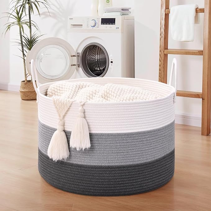 67L Large Woven Blanket Basket, Cotton Rope Baby Laundry Hamper with Handles, Kids Toy Basket for Classroom & Nursery, Soft Round Stuffed Animal Storage, Dog Toy Bin - 20"x13", Gray