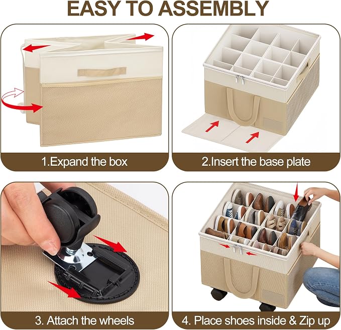 2 Pack Large Shoe Organizer for Closet, 32 Pairs Shoe Storage Box with 360° Wheels & Reinforced Handles, Adjustable Dividers, Clear Cover, Side Pocket, Foldable Oxford Fabric Bin for Entryway, Beige