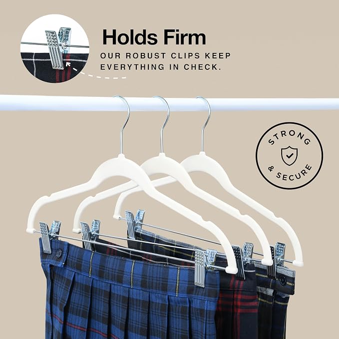 Home-it 10 Pack Velvet Hangers with Clips - Ivory Pants & Skirt Hangers - Ultra Thin No Slip Space-Saving for Pants, Skirts, Coats, Dresses, Tank Tops, Clothes