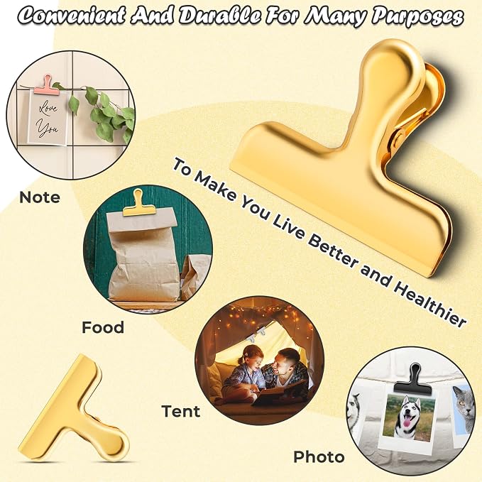 ANZNKU Chip Clips 12 Packs, Gold Metal Bag Clips for Food Storage, Stainless Steel Food Clip for Bread Snack Coffee, Heavy Duty Chip Bag Clip for Kitchen Home Refrigerator & Office