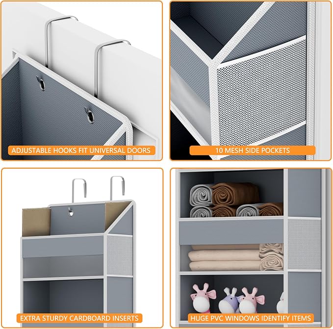 Over The Door Organizer - Over Door Storage Organizer with 5 Large Pockets & 10 Mesh Side Compartments - Heavy-Duty Hanging Storage for Bathroom, Bedroom & Closet - Baby Room Organize - Grey