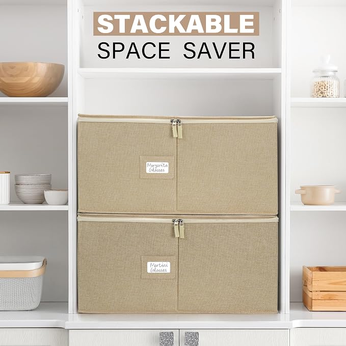 LotFancy Stemware Storage Container, Hard Shell, Large Wine Glass Storage Box for Moving, Stackable, Foldable, Crystal Glassware, Drinkware Case with Dividers & Handles, 21”x15.5”x10”, Beige