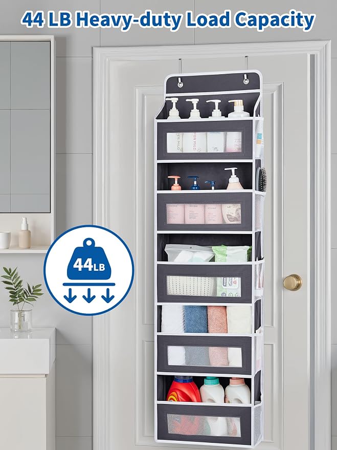 JARLINK Over The Door Organizer, 5 Shelf Door Hanging Organizer with 5 Large Pockets, 44 lbs Weight Capacity Hanging Storage for Bathroom, Bedroom, Nursery, RV, Pantry (Dark Grey)