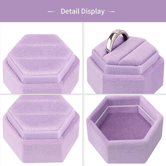 DesignSter Hexagon Velvet Ring Bearer Box - Premium Gorgeous Vintage Double Ring Display Holder with Detachable Lid for Proposal, Engagement, Wedding, Ceremony (Lilac)