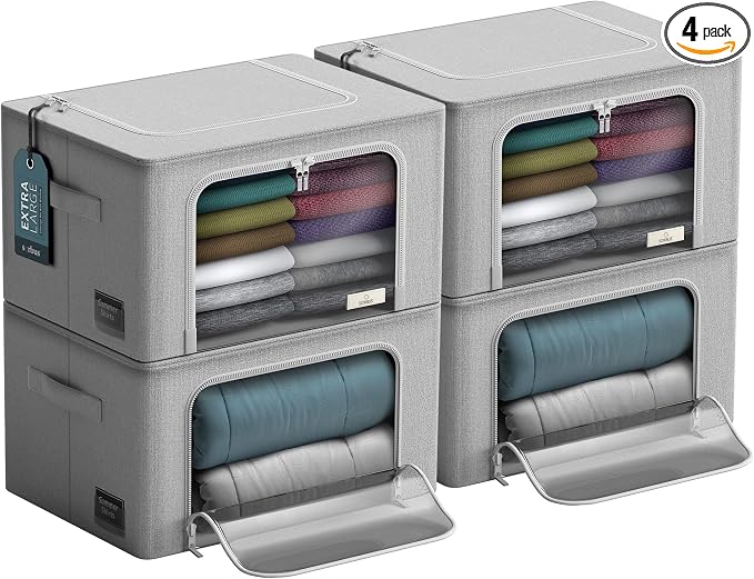 Sorbus Jumbo Storage Bins with Metal Frame - Oxford Fabric Storage Containers with Large Clear Window & Carry Handles - Stackable & Foldable Clothes Organizer Bags for Bedding Linen, Clothing & More