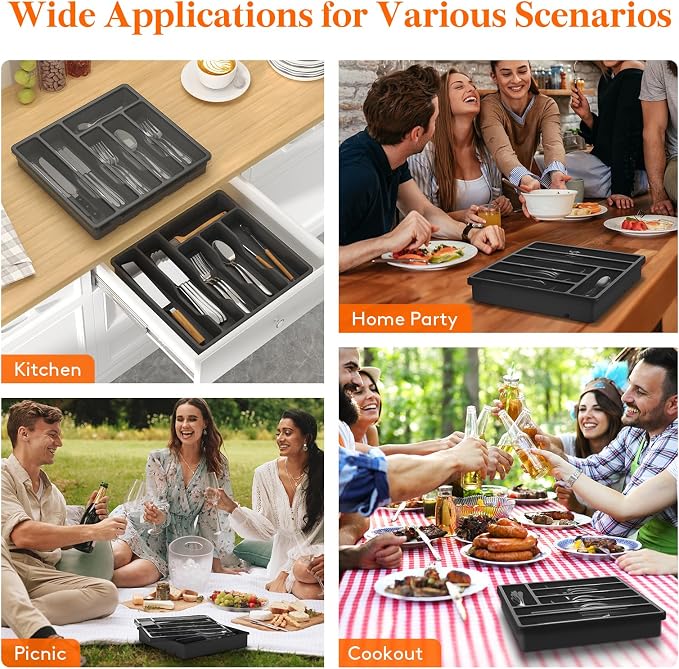 Lifewit Silverware Organizer with Lid, Covered Utensil Tray for Kitchen Drawer and Countertop, Plastic Cutlery and Flatware Storage Box for Spoons Forks Knives Holder Case, 12.6x11.8", Black