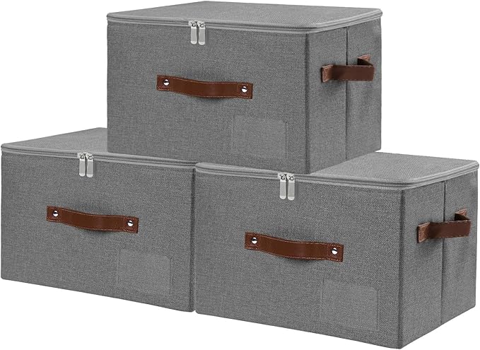 ANMINY 3PCS Storage Bins with Zipper Lid Storage Boxes with Label Holder PU Leather Handles Washable Foldable Decorative Lidded Cotton Linen Fabric Cubes Baskets Closet Organizer - Gray, Medium